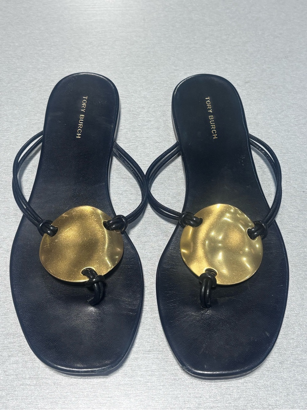 Tory Burch Black Leather Sandals with Gold Disc